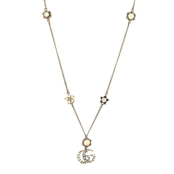 GUCCI Metal Crystal Double G Necklace Aged Gold