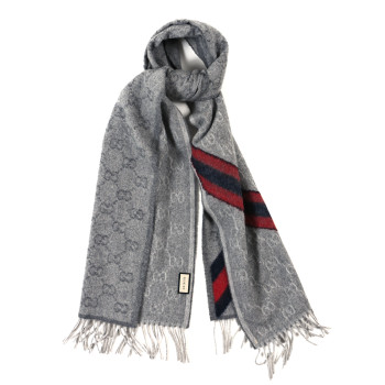 GUCCI Wool Angora Monogram Web New Nikky Scarf Zinc Blue