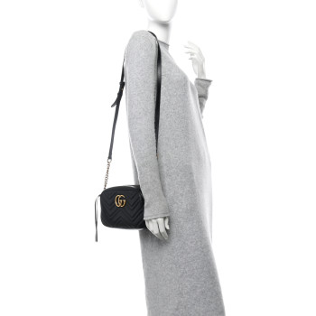 GUCCI Calfskin Matelasse Small GG Marmont Chain Shoulder Bag Black