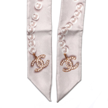 CHANEL Silk Pearl CC Slim Bandeau Scarf Ivory