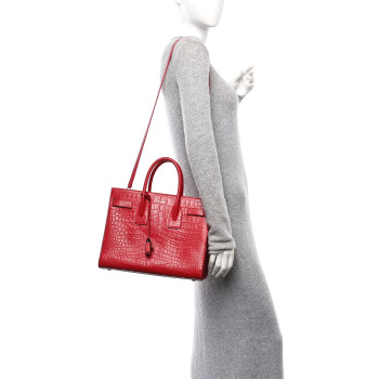 SAINT LAURENT Calfskin Crocodile Embossed Small Sac de Jour New Red