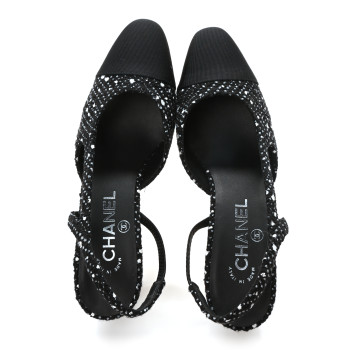 CHANEL Tweed Grosgrain Cap Toe CC Slingback Pumps 37 Black White