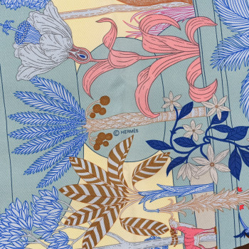 HERMES Silk Twill Precious Paradise Scarf 90 Jaune Soufre Bleu Rose