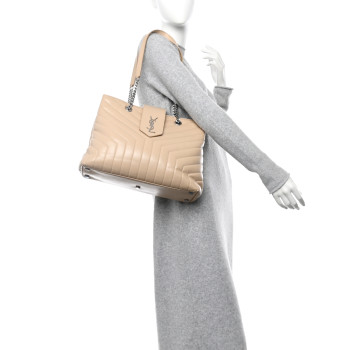 SAINT LAURENT Calfskin Y Quilted Monogram Large Loulou Shopper Nude Powder