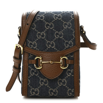 GUCCI New Denim GG Monogram Dollar Calfskin Mini Horsebit 1955 Crossbody Bag Blue Tea Cuir Epilog
