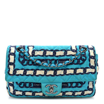 CHANEL Silk Chain Printed Medium Single Flap Blue