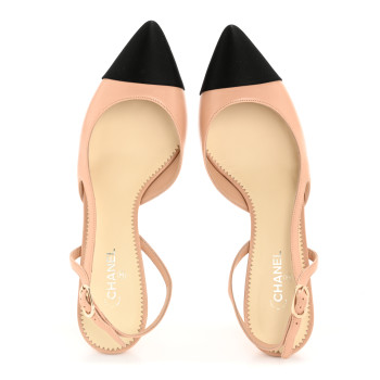 CHANEL Lambskin Satin Cap Toe CC Slingback Heels 40 Beige Black