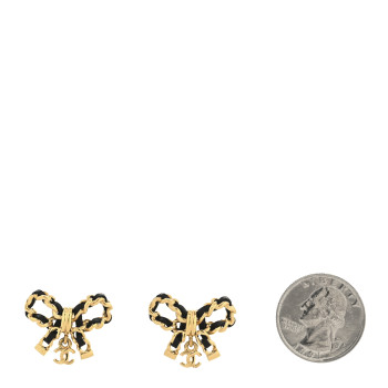 CHANEL Lambskin Chain Bow Stud Earrings Black Gold
