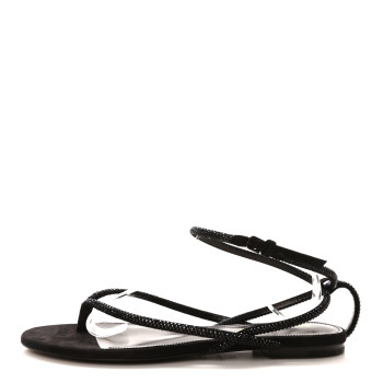 SAINT LAURENT Suede Calfskin Crystal Embellished Nadja Sandals 37.5 Black
