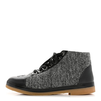 CHANEL Wool Calfskin CC Lace Up Short Boots 37.5 Grey Black