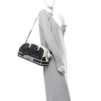 CHRISTIAN DIOR Lambskin Cannage Medium Dior Vibe Zip Bowling Bag Black White