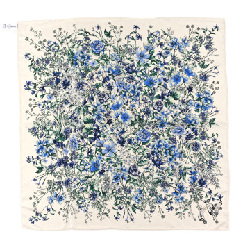 CHRISTIAN DIOR Silk D Floral 90 Square Scarf White Blue Multicolor