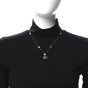 GUCCI Metal Crystal Double G Necklace Aged Gold