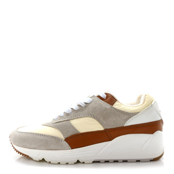 SAINT LAURENT Nylon Calfskin Suede Bump Low Top Sneakers 37.5 White Grey Cuoio
