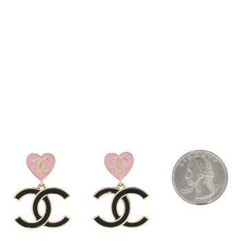 CHANEL Metal Enamel CC Heart Drop Earrings Gold Black Pink
