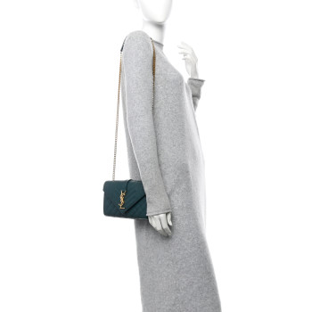 SAINT LAURENT Grain De Poudre Textured Mixed Matelasse Triquilt Small Monogram Satchel Sea Turquoise
