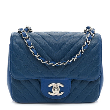 CHANEL Caviar Chevron Quilted Mini Square Flap Blue