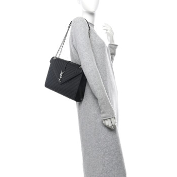 SAINT LAURENT Grain De Poudre Textured Mixed Matelasse Large Triquilt Monogram Satchel Black