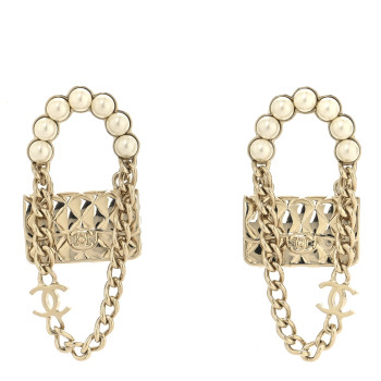 CHANEL Metal Pearl Quilted CC Flap Bag Earrings  Gold