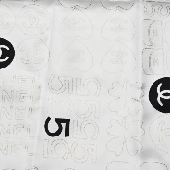 CHANEL Silk CC Logo Charms Scarf White Gold Black