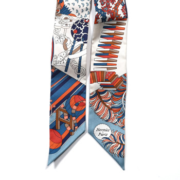 HERMES Silk De l'Ombrelle Aux Duels Twilly Bleu Potiron Creme