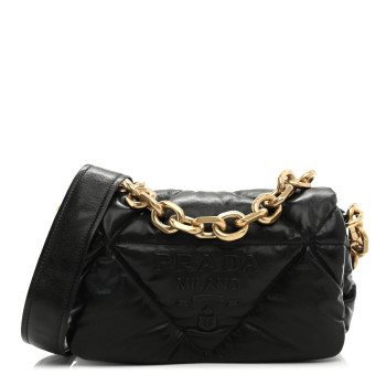 PRADA Nappa Soft Padded Logo Embossed Triangle Quilted Small Shoulder Bag Black