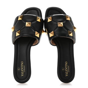 VALENTINO GARAVANI Nappa Roman Stud Flat Slide Sandals 37 Black