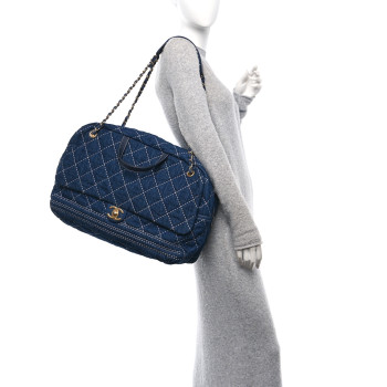 CHANEL Denim Quilted Large Express Bowling Bag Blue