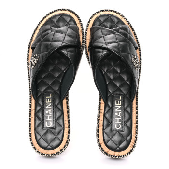 CHANEL Lambskin Quilted Chain CC Sandals 39 Black