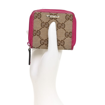 GUCCI Monogram Dollar Calfskin Zip Around Coin Purse Beige Ebony Fuchsia