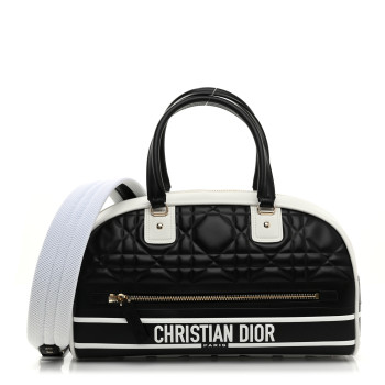 CHRISTIAN DIOR Lambskin Cannage Medium Dior Vibe Zip Bowling Bag Black White