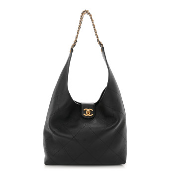 CHANEL Shiny Lambskin Quilted Large Around Hobo Black