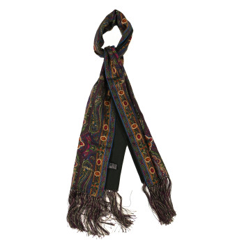 CHANEL Silk Wool Paisley Jewel Fringe Scarf Khaki Multicolor