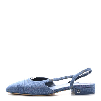CHANEL Denim Printed Denim Mood Cap Toe CC Slingback Flats 37 Light Blue Multicolor