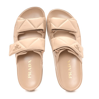 PRADA Nappa Quilted Padded Logo Slide Sandals 37 Sabbia