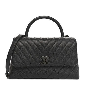 CHANEL Caviar Chevron Quilted Small Coco Handle Flap So Black