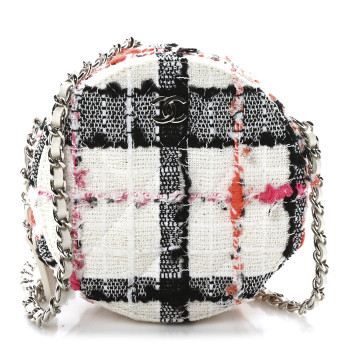 CHANEL Tweed Quilted Round Clutch With Chain Black White Multicolor
