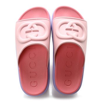 GUCCI Soft Rubber Womens Interlocking G Platform 42mm Slide Sandals 36 Sugar Pink