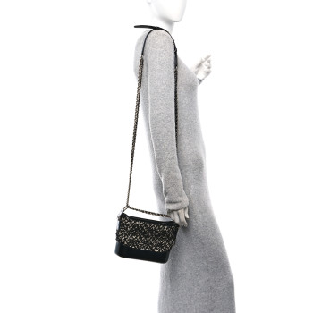 CHANEL Tweed Sequin Calfskin Small Gabrielle Hobo Beige Black