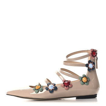 FENDI Patent Flowerland Strappy Flats 38 Nude