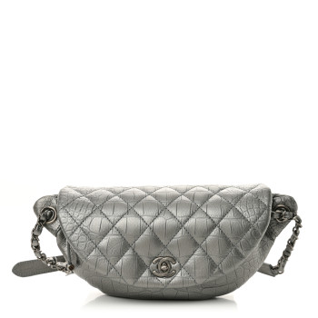 CHANEL Metallic Calfskin Crocodile Embossed Quilted Easy Trip Waist Bag Fanny Pack Silver