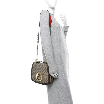GUCCI GG Supreme Monogram Textured Dollar Calfskin Web Medium Blondie Top Handle Shoulder Flap Bag Beige Ebony New Acero