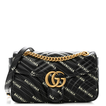 GUCCI X BALENCIAGA Calfskin Matelasse Logo Print Small GG Marmont Shoulder Bag Black
