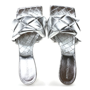 BOTTEGA VENETA Laser Nappa Maxi Intrecciato Lido 90mm Mule Sandals 37.5 Silver