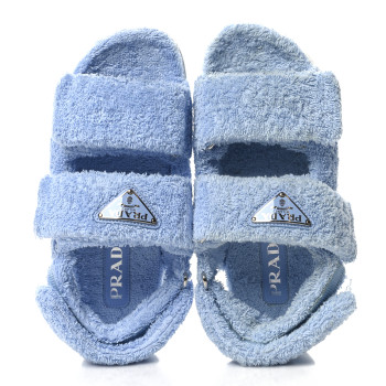 PRADA Terry Cloth Metal Triangle Logo Double Strap Slingback Lug Sole 20mm Sandals 36 Celeste