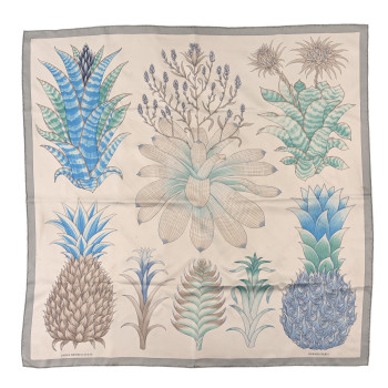 HERMES Silk Index Bromeliaceae Scarf 90  Gris Argent Bleu Vert Amande