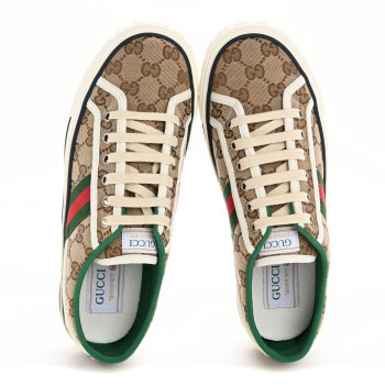 GUCCI GG Monogram Web Womens 1977 Tennis Sneakers 39 Beige Ebony Mystic White