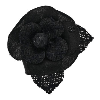CHANEL Tweed Fabric Camellia Pin Brooch Black