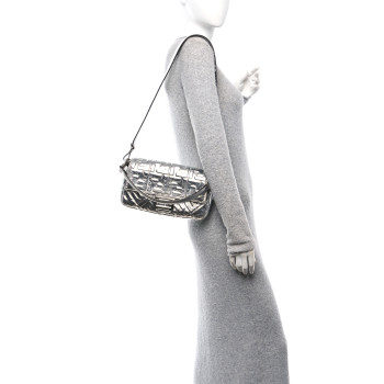 FENDI Vitello Catalan Mirror FF 1974 Embossed Baguette Argento
