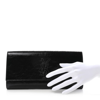 SAINT LAURENT Textured Patent Monogram Small Belle De Jour Clutch Black